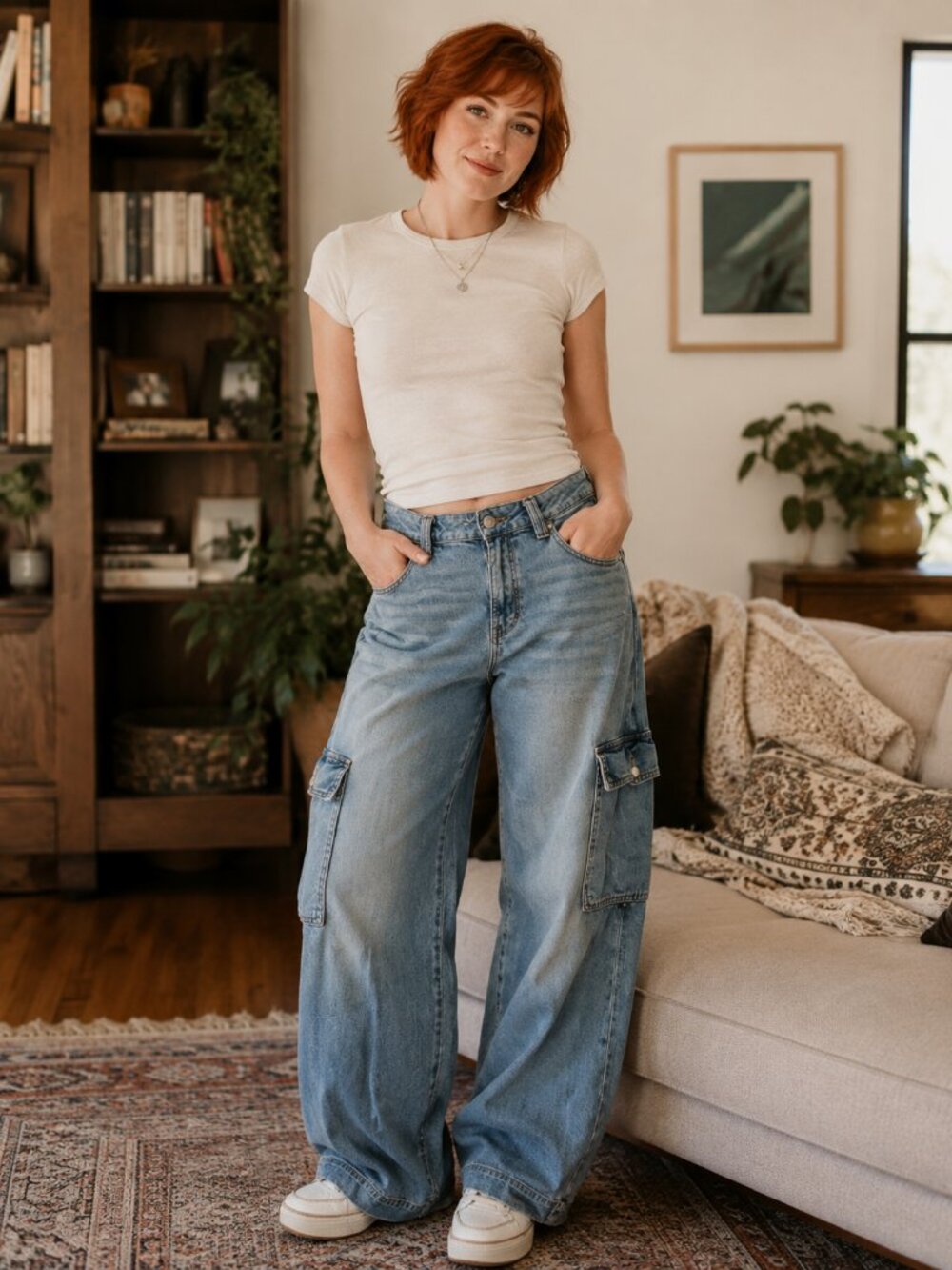 American Eagle Outfitters Washed Blue Cargo Jeans - Relaxed Wide Leg SZ 10